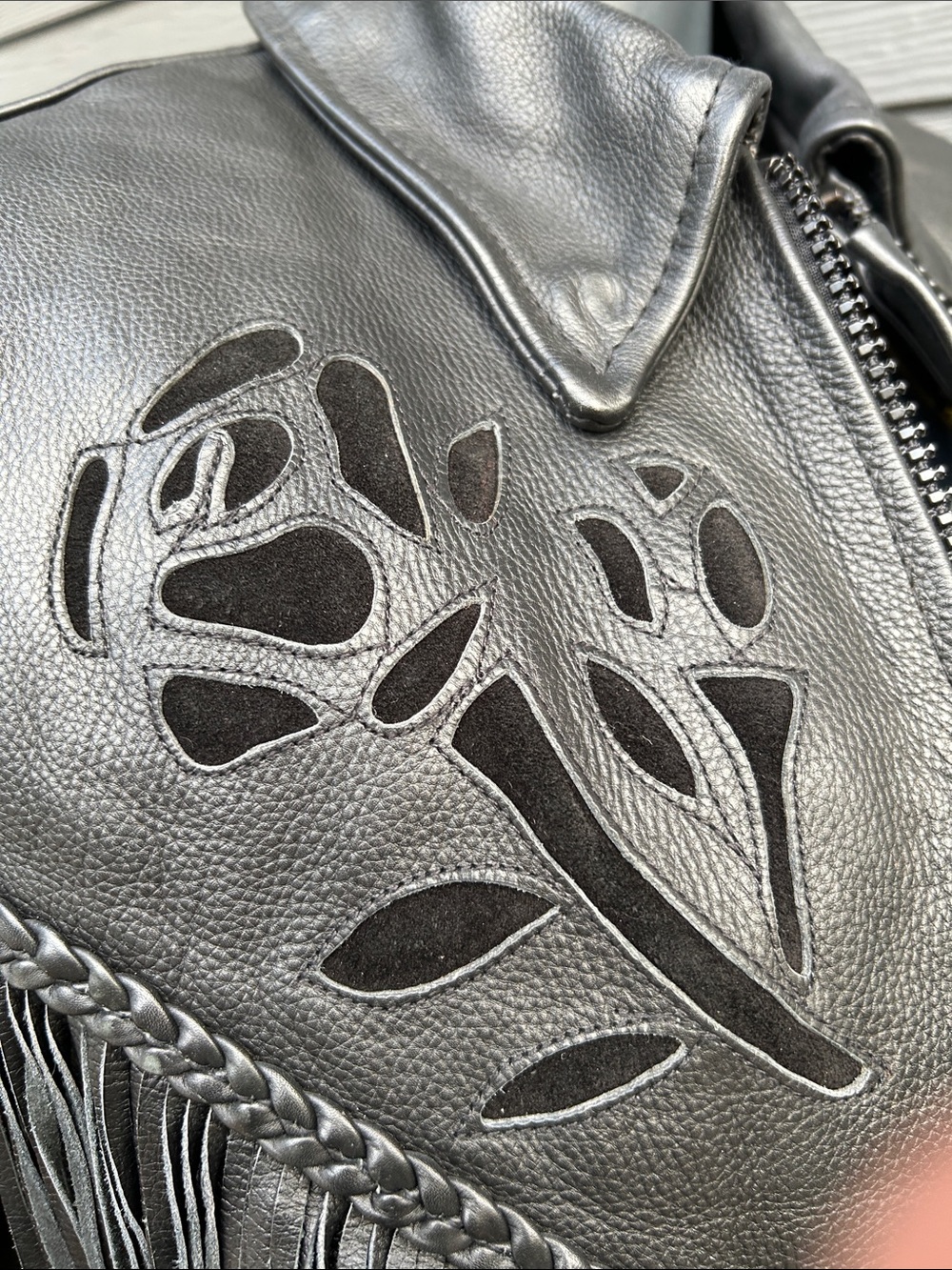 Black Leather Fringe Jacket with Cutout Floral Detail - Picture 11 of 16